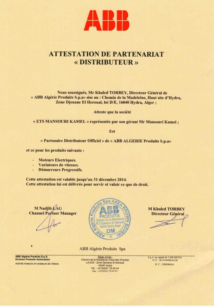 Certificat de partenariat ABB avec Mansouri Electrics