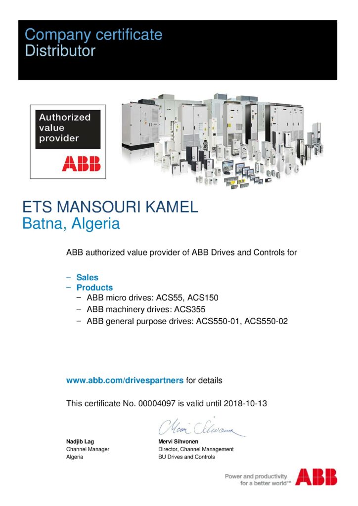 Certificat de distribution ABB pour Mansouri Electrics